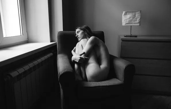 Girl, black and white, chair, window, floor lamp, chest