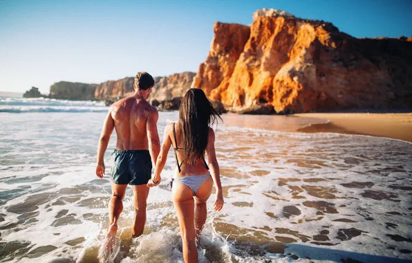 Sea, beach, rocks, Girl, pair, guy