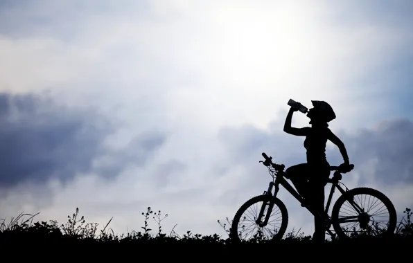 Girl, nature, bike, silhouette, bicycle, water bottle