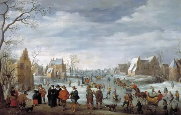 The city, people, home, picture, Joost Cornelisz. Droochsloot, Winter Landscape with Ice Skating