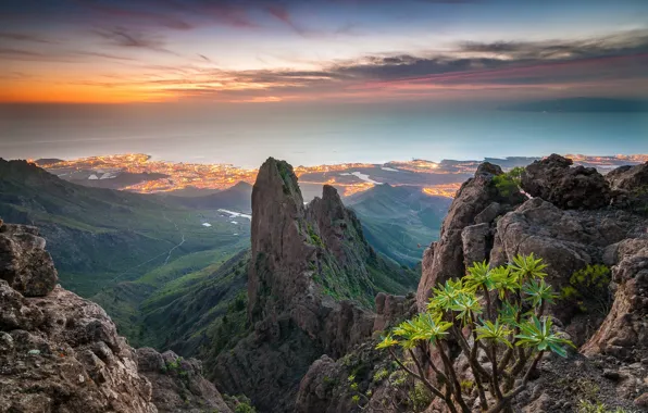 The sky, clouds, mountains, the city, lights, rocks, Canary Islands, The Atlantic ocean