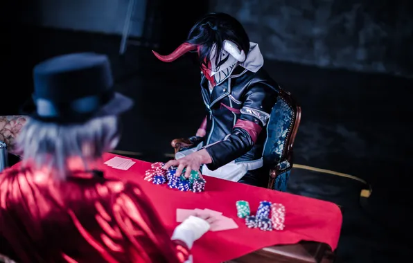 Mask, chips, costume, horns, guy, casino