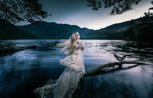 Girl, night, river, tree, hair, doll, blonde