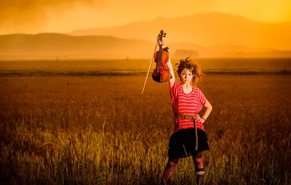 Field, sunset, mountains, violin, beauty, violin, Lindsey Stirling, Lindsey Stirling