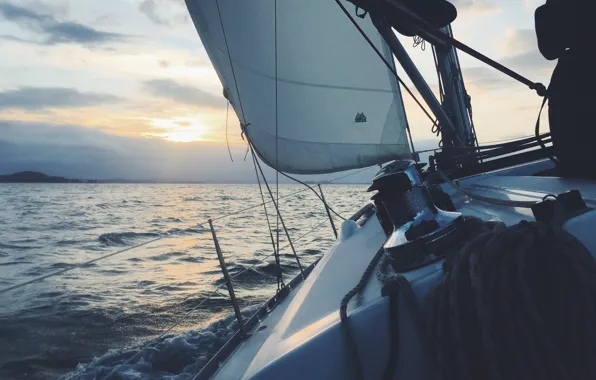 Picture sea, the sun, sunrise, the ocean, wing, horizon, sailing boat, a ray of sunshine