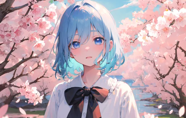 Schoolgirl, blue eyes, bow, blue hair, blue sky, white blouse, the cherry blossoms, spring day