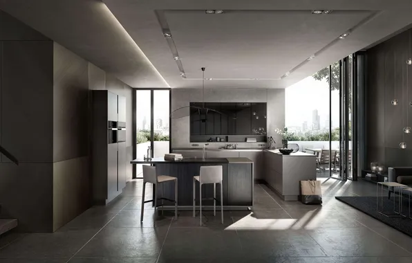 Style, dark colors, interior, kitchen, terrace, living room, dining room, Italian design