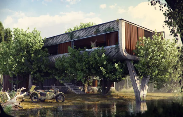 Picture vegetation, construction, motorcycle, The Outpost, pond