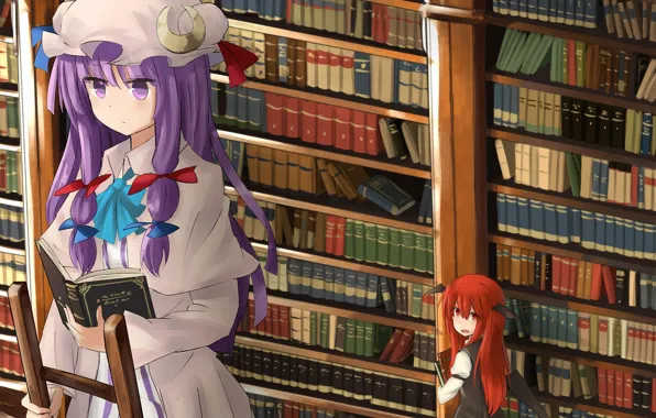 Books, ladder, library, cap, a lot, shelves, purple hair, Touhou Project