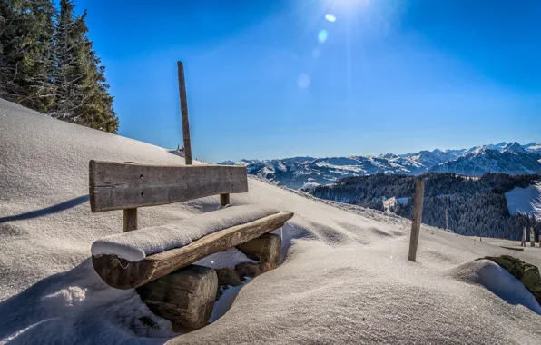 The sun, snow, mountains, bench, Austria, Tyrol, Ellmau, Weissach dig