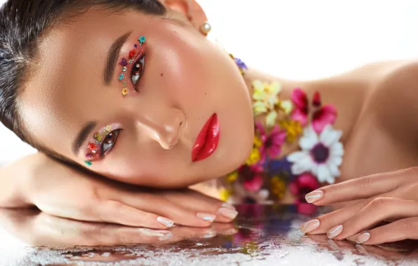 Look, girl, flowers, face, style, model, hands, makeup