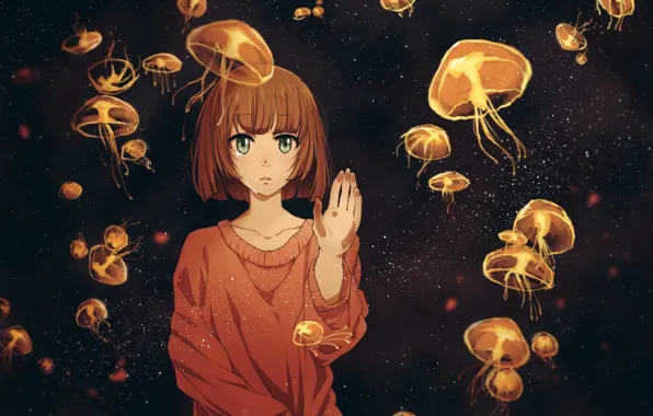 Girl, anime, tears, art, jellyfish, twinmix