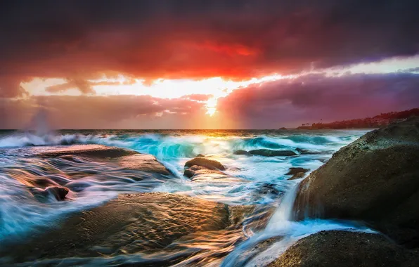Sea, the sky, clouds, sunset, nature, stones, California