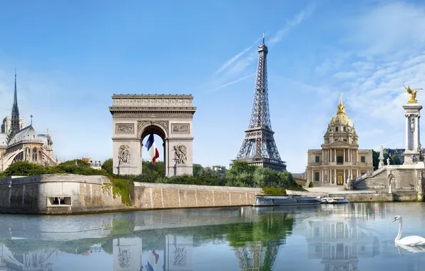 Bridge, reflection, river, creative, Eiffel tower, Swan, arch