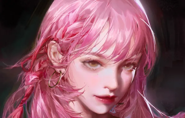 Face, earrings, pigtail, pink hair, portrait of a girl, by Star Academy