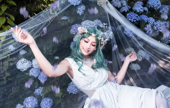White, look, girl, flowers, bench, face, pose, smile