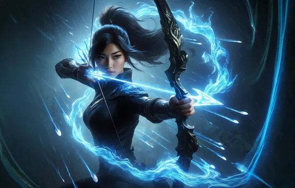 Girl, magic, warrior, bow, arrow, Asian