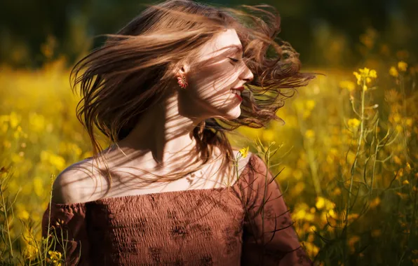 Picture field, girl, joy, flowers, hair, spring, rape