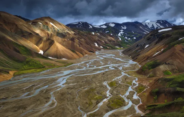 Mountains, texture, valley, river