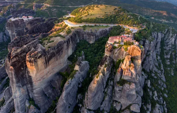 Mountains, rocks, view, height, Greece, the monastery, Meteors, Meteor