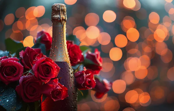 Drops, flowers, lights, holiday, wine, bottle, roses, bouquet