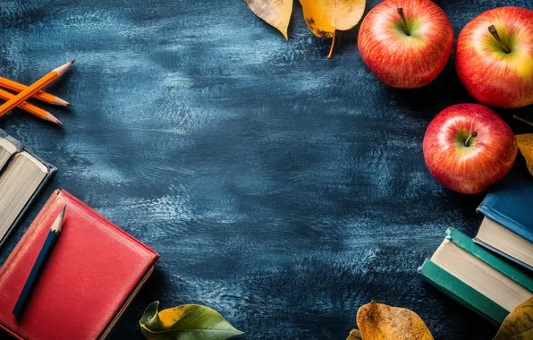 Autumn, leaves, apples, study, books, pencils, red, school