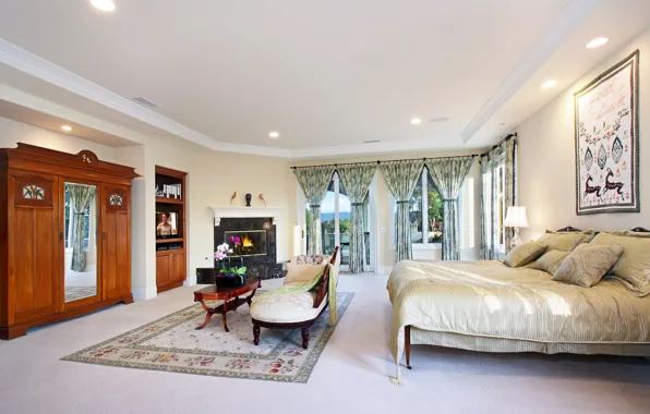 Style, bed, wardrobe, fireplace, bedroom, Interior