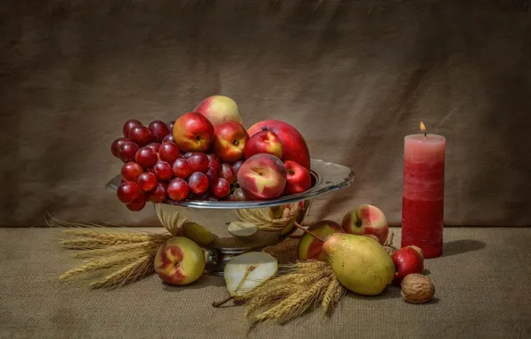 Apples, candle, walnut, grapes, fruit, still life, pear