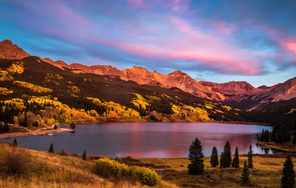 Autumn, forest, clouds, trees, landscape, sunset, mountains, lake