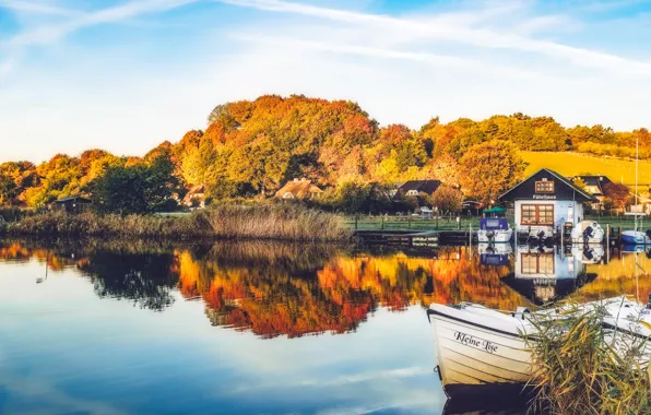 Picture autumn, clouds, reflection, hills, shore, boat, house, pond