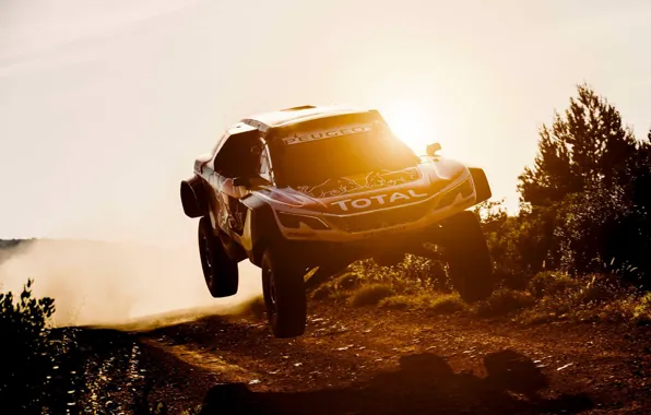 Sunset, The sun, Sport, Speed, Race, Dirt, Peugeot, Lights