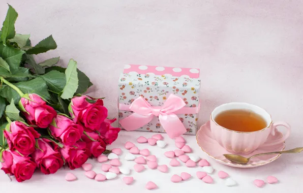 Gift, tea, roses, Cup, hearts, pink, Julija Vilvarin