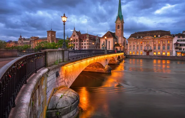 Picture bridge, the city, river, building, tower, home, the evening, Switzerland
