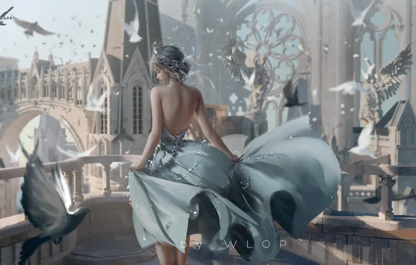 Picture fantasy, dress, birds, castle, elf, digital art, artwork, architecture, princess, fantasy art, jewelry, balcony, doves, …