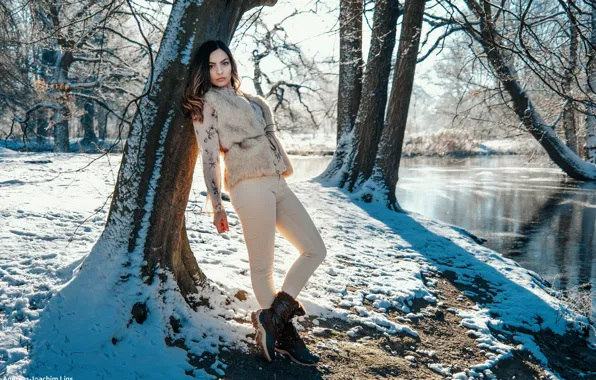Winter, look, water, the sun, snow, trees, pose, Park
