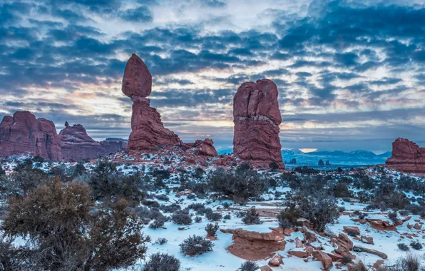 Winter, snow, nature, rocks, Utah, USA, Arches National Park, Archez