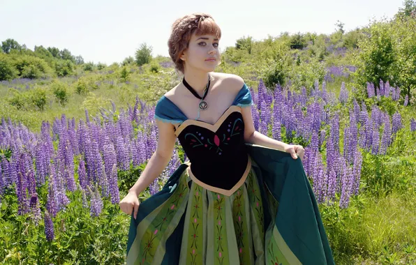 Picture field, girl, flowers, dress, Frozen, Anna, cosplay