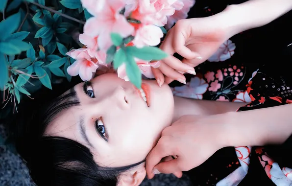 Picture look, girl, flowers, blue eyes