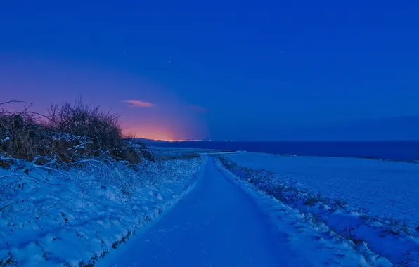 Picture winter, road, field, night