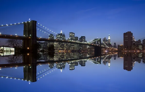Night, bridge, the city, reflection, river, home