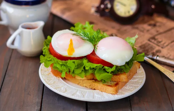 Egg, bread, sandwich, vegetables, poached