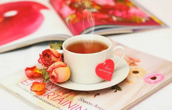 Picture love, flowers, tea, heart, roses, petals, Cup, love