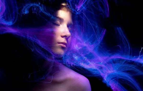 Purple, girl, light, line, blue, abstraction, face, style
