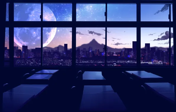 Picture the city, the moon, the evening, classroom
