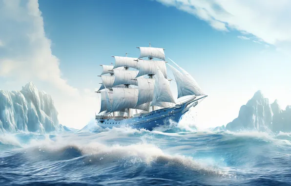 Picture Sea, Wave, Ship, Sailboat, The wind, Iceberg, Digital art, AI art