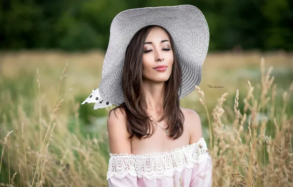 Field, grass, nature, model, portrait, hat, makeup, dress