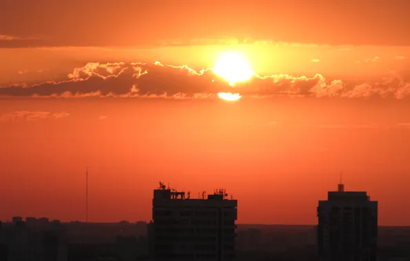 The sun, clouds, dawn, roof, antenna, Minsk