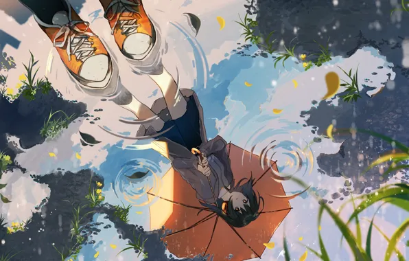 Picture girl, reflection, umbrella, puddle, omutatsu