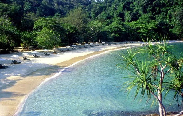 Beach, the ocean, umbrellas, resort, Malaysia, Malaysia, According to Iceland, Pangkor