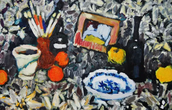 Picture wine, apples, plate, still life, brush, 2013, The petyaev